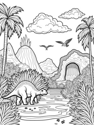 Stegosaurus by the Volcanic Spring in a Prehistoric Jungle