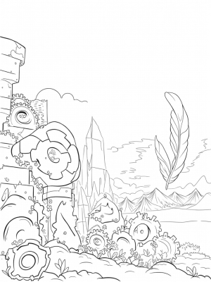 Crumbling Wall with Giant Feathers and Gears