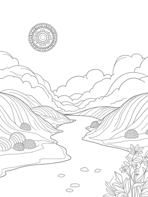 Cloudy Hills with Geometric Flowers and a Glassy River