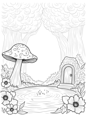 Luminous Mushroom and Mystical Forest Fountain