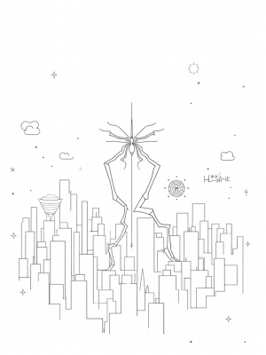Twilight City Skyline with Giant Spider and Comic Panels