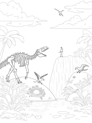 Prehistoric Jungle with Dinosaur Skeleton and Feathered Friends