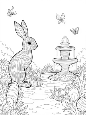 Whimsical Garden with Bunny Statue and Colorful Eggs