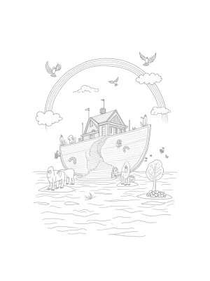 The Towering Ark with Animal Pairs and a Rainbow