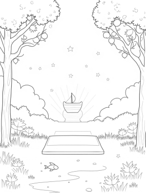 Serene Garden with Spiraled Trees and Dove Fruits