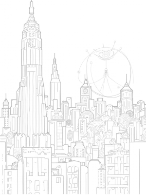 Urban Skyline with Spider Clock Tower