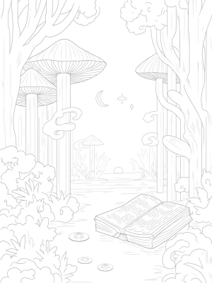 Mushroom Forest Glade with Ancient Book and Lanterns