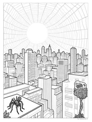 Urban Skyline with Twisting Skyscrapers and Spider Web