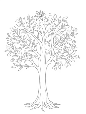 Seasons Tree with Spring Flowers, Summer Fruits, Autumn Leaves, and Winter Snowflakes