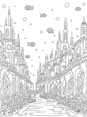 Underwater City with Coral Skyscrapers and a Sunken Ship