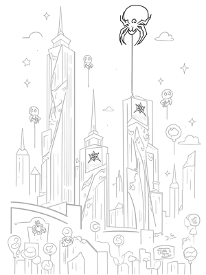 Spider Emblem Cityscape with Colorful Balloons
