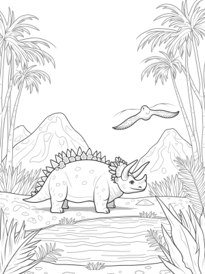Triceratops and Pterosaur in a Prehistoric Jungle
