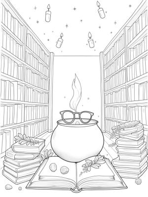 Enchanted Library with Spellbooks and Potions