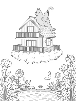 Dreamhouse in the Clouds with a Playful Pink Cat