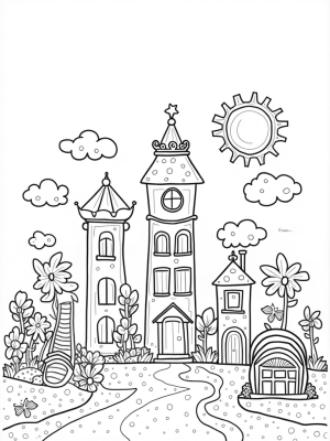 Pastel Dollhouse Skyline with High-Heeled Shoe and Tiara Towers