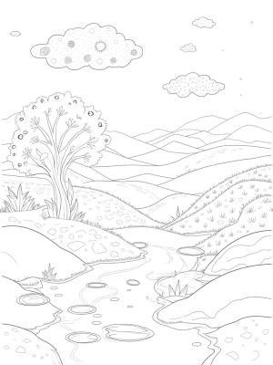 Dreamy Landscape with Spiraled Tree and Artistic Clouds