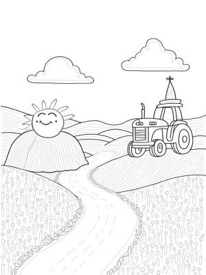 Sunny Patchwork Farm with Smiling Haystack and Vintage Tractor