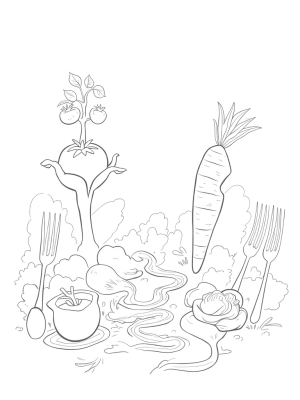 Giant Fruits and Vegetables in a Whimsical Garden