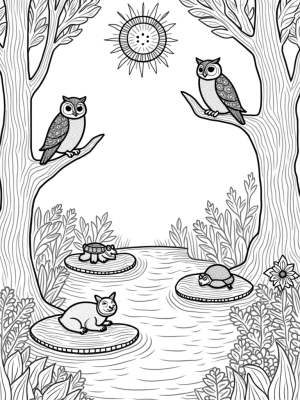 Spiral Shell Trees and Colorful Owls in a Forest Scene