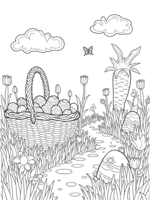 Garden of Colorful Eggs and Bunny Clouds