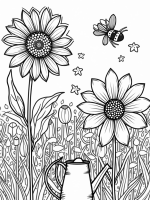 Oversized Flowers and a Spiraling Sunflower in a Whimsical Garden