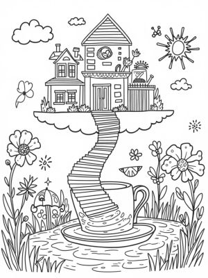 Dream House on Clouds with Teacup and Carousel