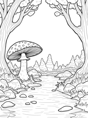 Serene Woodland Glade with Giant Mushroom and Whimsical Rocks