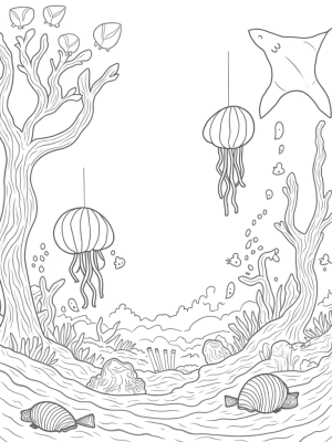 Underwater Garden with Giant Seashells and Jellyfish