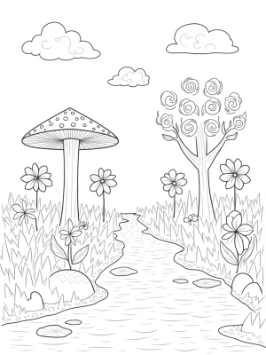 Garden of Colorful Pinwheel Flowers and a Giant Mushroom