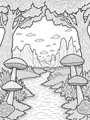 Vibrant Forest Canopy with Colorful Leaves and Unique Mushrooms