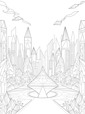 Triangular Cityscape with Gardens and Kites
