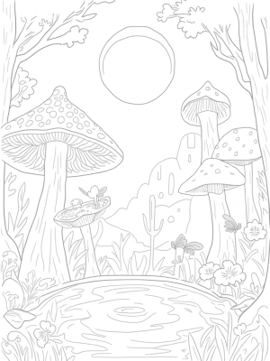 Enchanted Forest with Mushroom Trees and Dragonflies