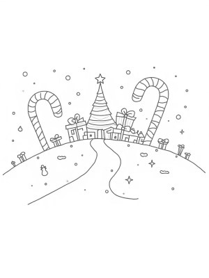 Candy Cane Village with a Christmas Tree and Snowman Fountain