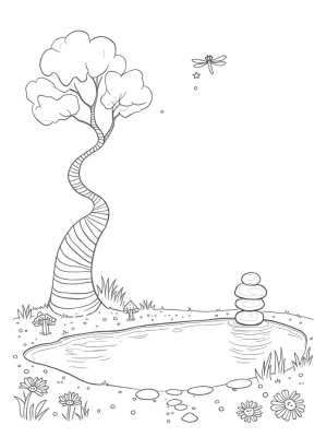 Tranquil Grove with Spiraling Tree and Dragonflies