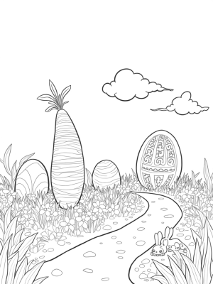 Easter Garden with Giant Eggs and Bunny Clouds