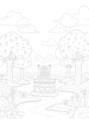 Serene Garden with Vibrant Fruit Trees and Ancient Well