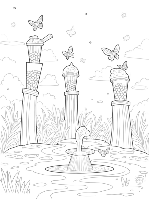 Boba Tea Garden with Colorful Cups and Butterflies