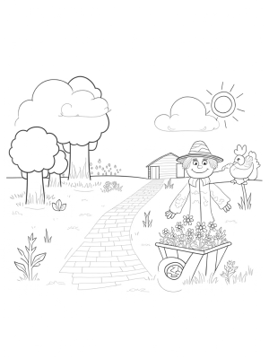Oversized Vegetables and a Smiling Scarecrow in a Farm Landscape