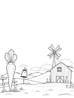 Giant Carrot and Apple Barn in a Whimsical Farm Landscape