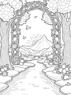 Serene Garden with Golden Apples and Pomegranates