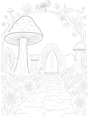 Mystical Forest Glade with Giant Mushrooms and a Moonlit Fountain
