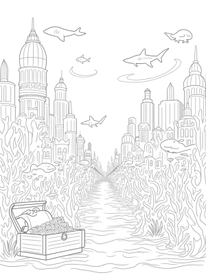 Underwater City with Coral Skyscrapers and Playful Sharks