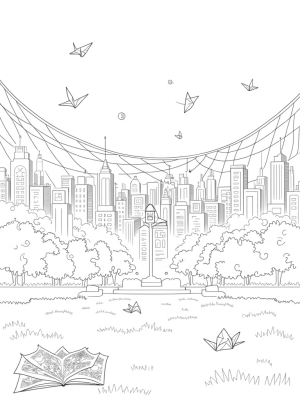 Spider-Web City Skyline with Clock and Paper Cranes