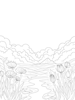 Whimsical Landscape with Giant Clouds and Flowers