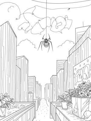 Spider Web Cityscape with Floating Comic Panels