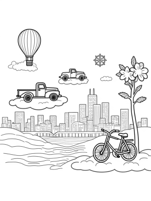 Floating Vintage Cars and Rainbow Rivers in a Whimsical Cityscape