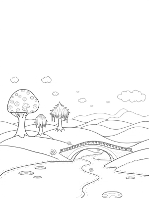 Dreamy Hills with Magical Trees and a Serene Pond