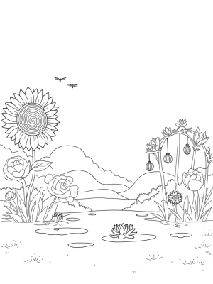 Flower Garden with a Colossal Sunflower and Dragonflies
