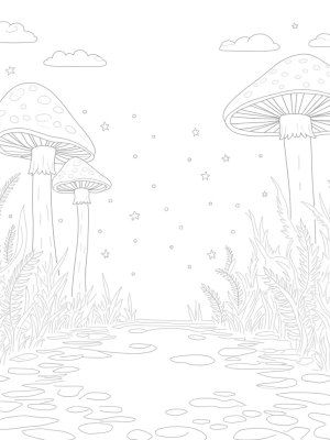 Mystical Forest Clearing with Giant Mushrooms and a Sparkling Pond