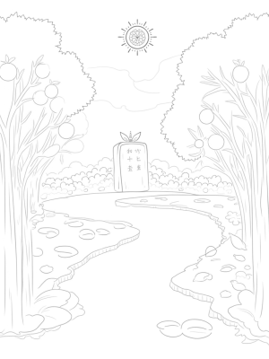 Serene Garden with Fruit Trees and a Winding River